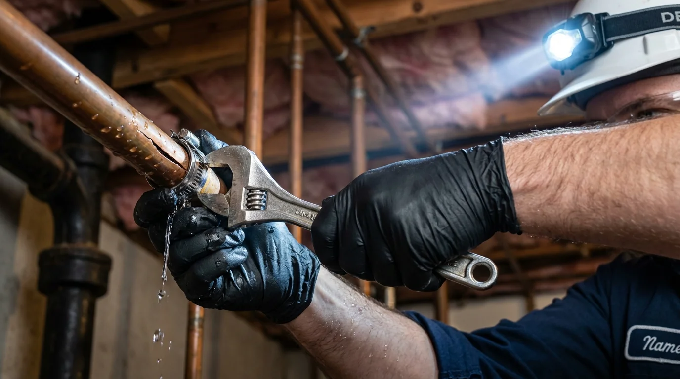 Emergency pipe clamp repair being performed by a Johns Plumbing LLC plumber in Forest Park