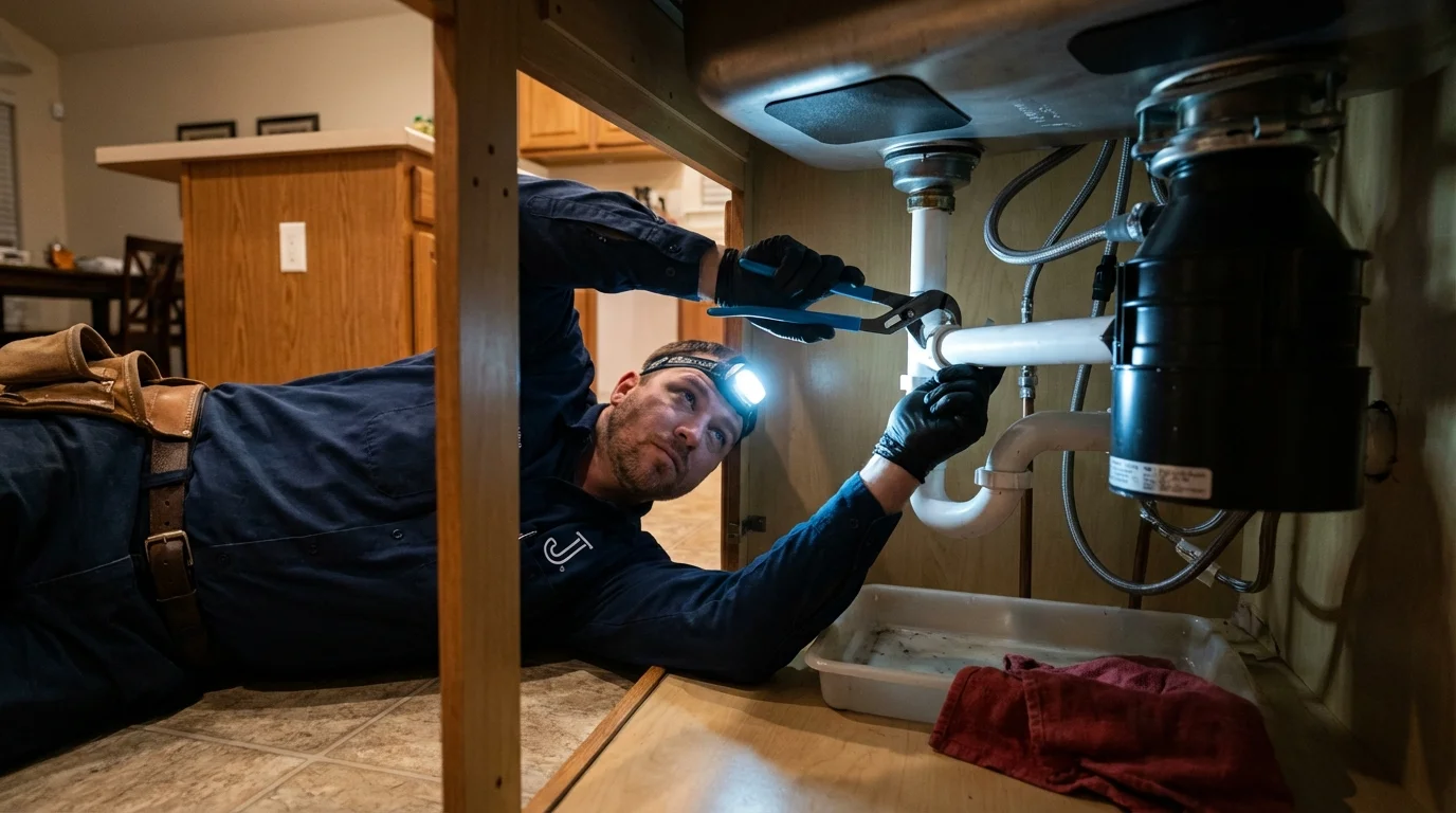 P-trap and supply line connections under a kitchen sink showing a common leak point in Forest Park, IL